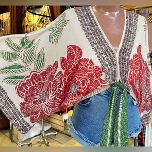 Floral Kimono Cardigan with Red and Green Accents